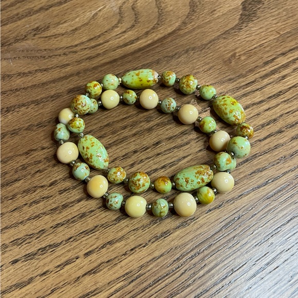 Jewelry - Set of Two Hand-rolled Clay Beaded Bracelets - Mint Green and Off White